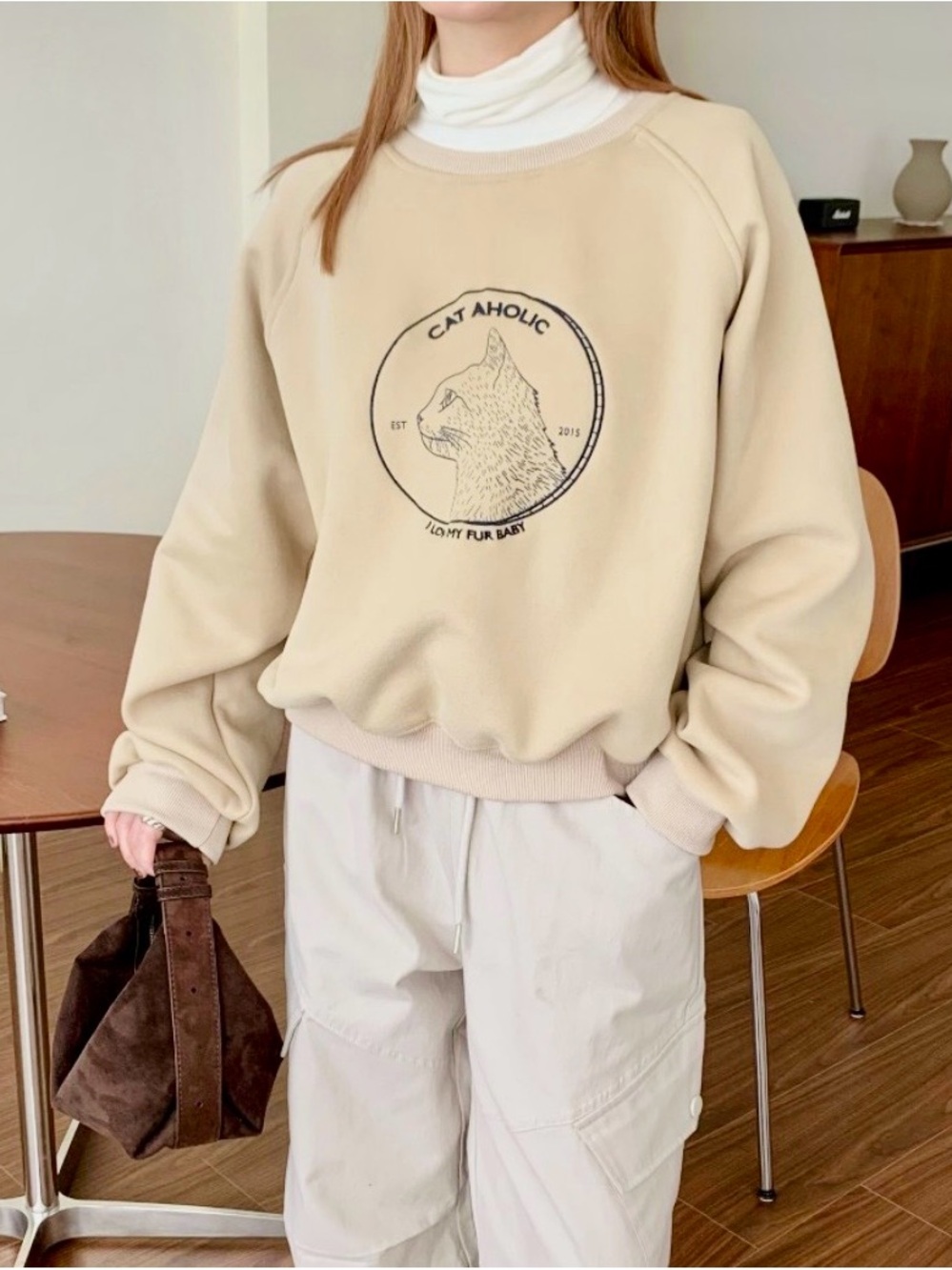 “Cat Aholic” Beige Embroidered Graphic Pet Crew Neck Sweatshirt, Small - Picture 2 of 8